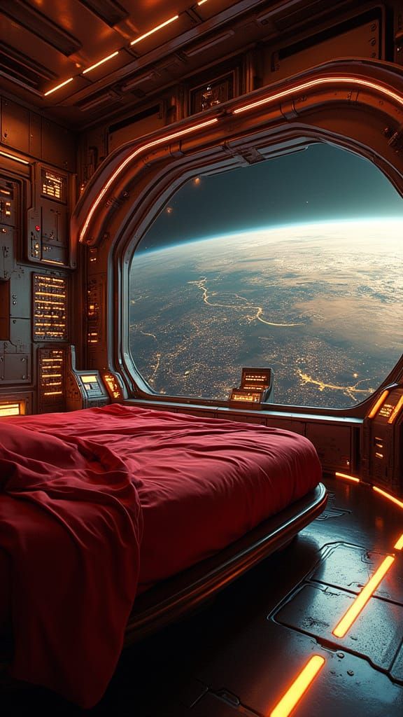 Futuristic Spaceship Interior with Glowing Planet View