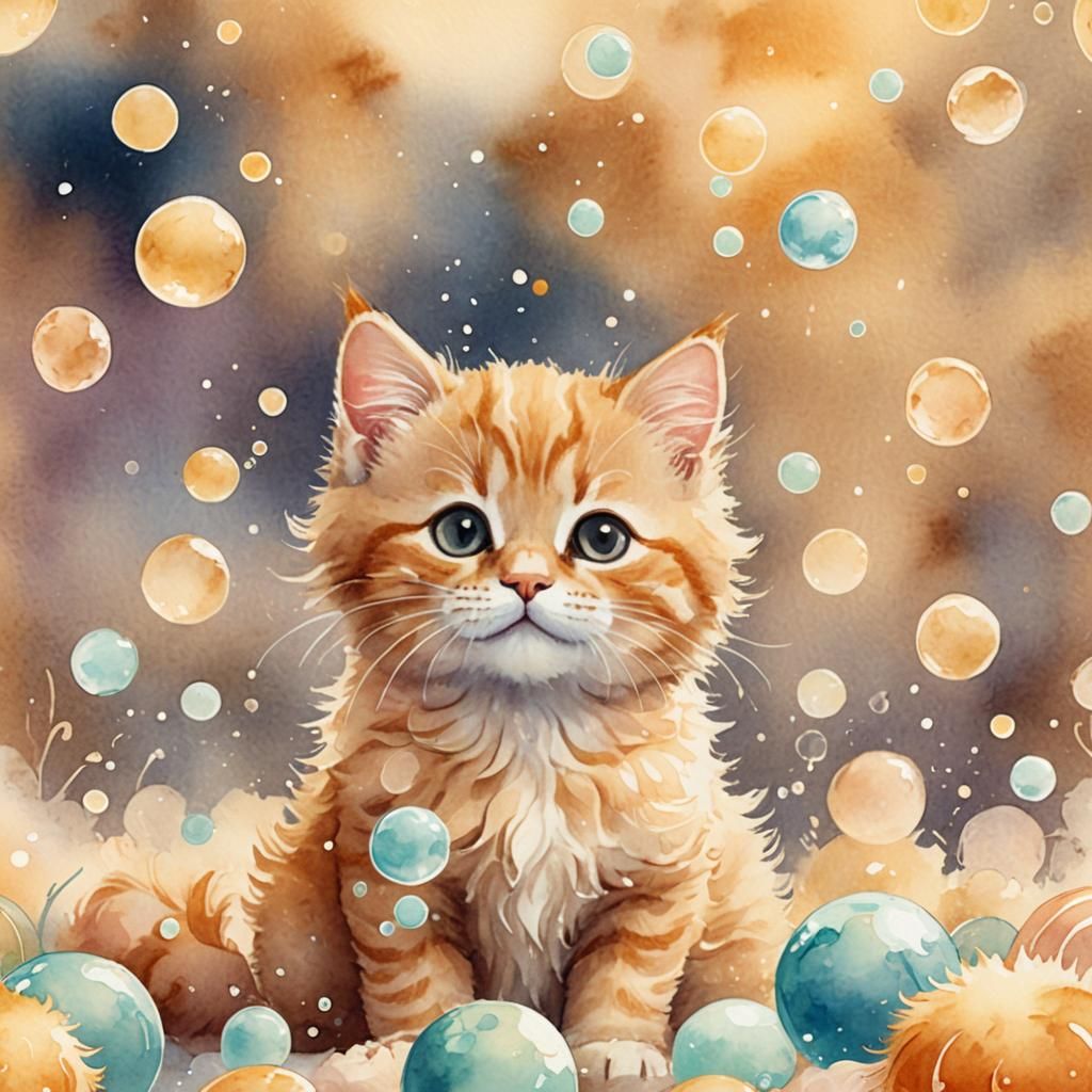 Whimsical Kitten in Bubble World: Watercolor Art