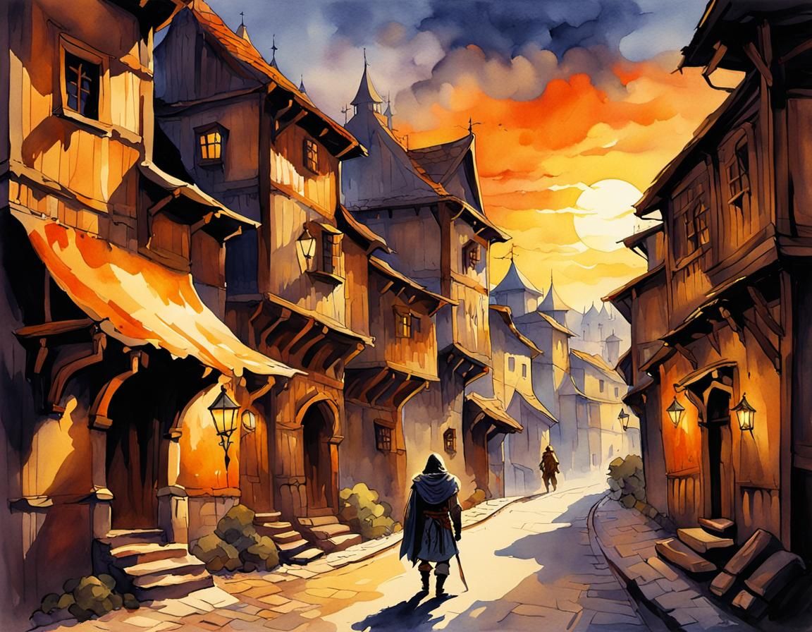 Fantasy Rogue on Medieval Street, Watercolor Style