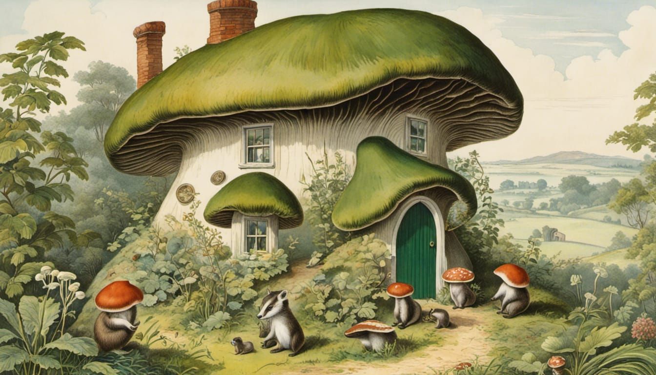 Mushroom House Badger Family: Victorian Botanical Illustrati...