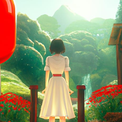 Japanese Lady in Garden, Studio Ghibli Anime Style