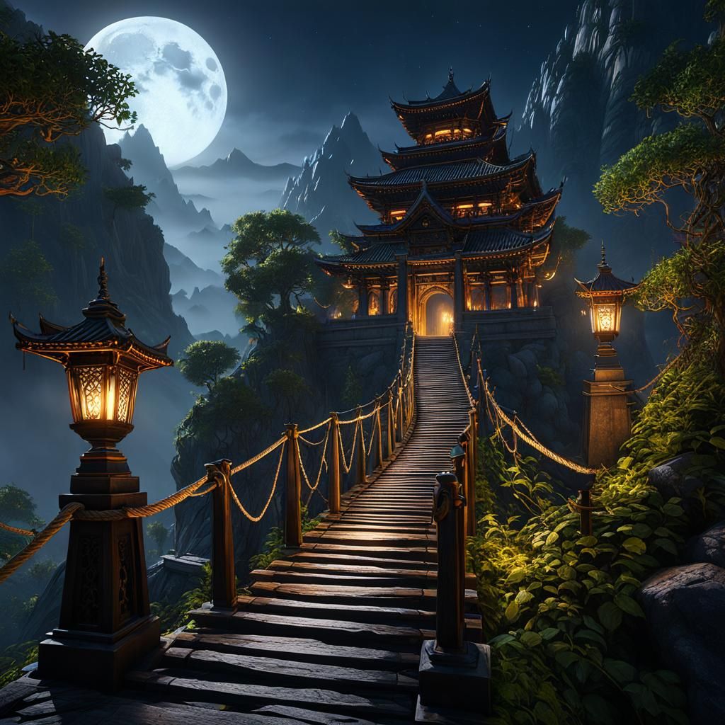 Mystical Temple on Mountain in Dramatic Lighting
