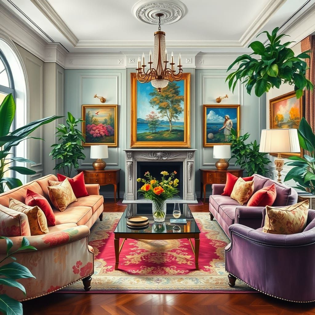 Gouache Living Room with Impressionist Paintings