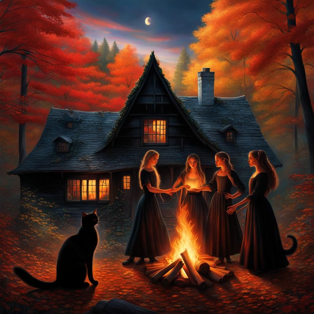 Witches Dancing Around Campfire in Autumn Forest