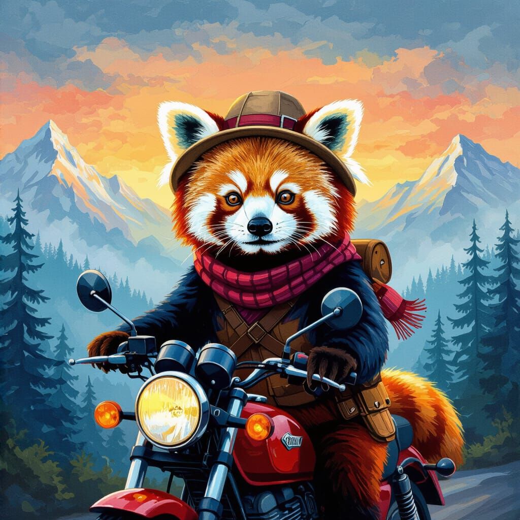 Red Panda Adventurer on Motorcycle in Misty Mountains