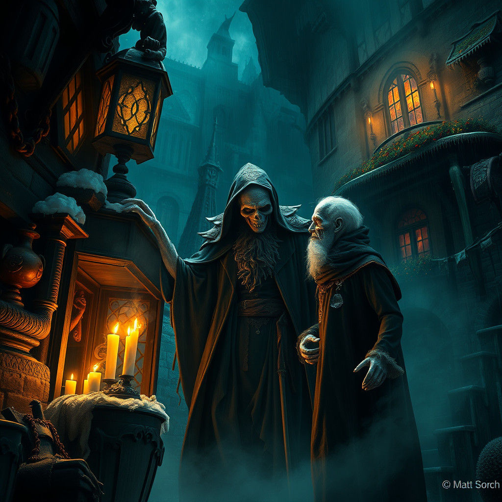 Jacob Marley's Ghost Visits Scrooge: Cinematic Digital Art