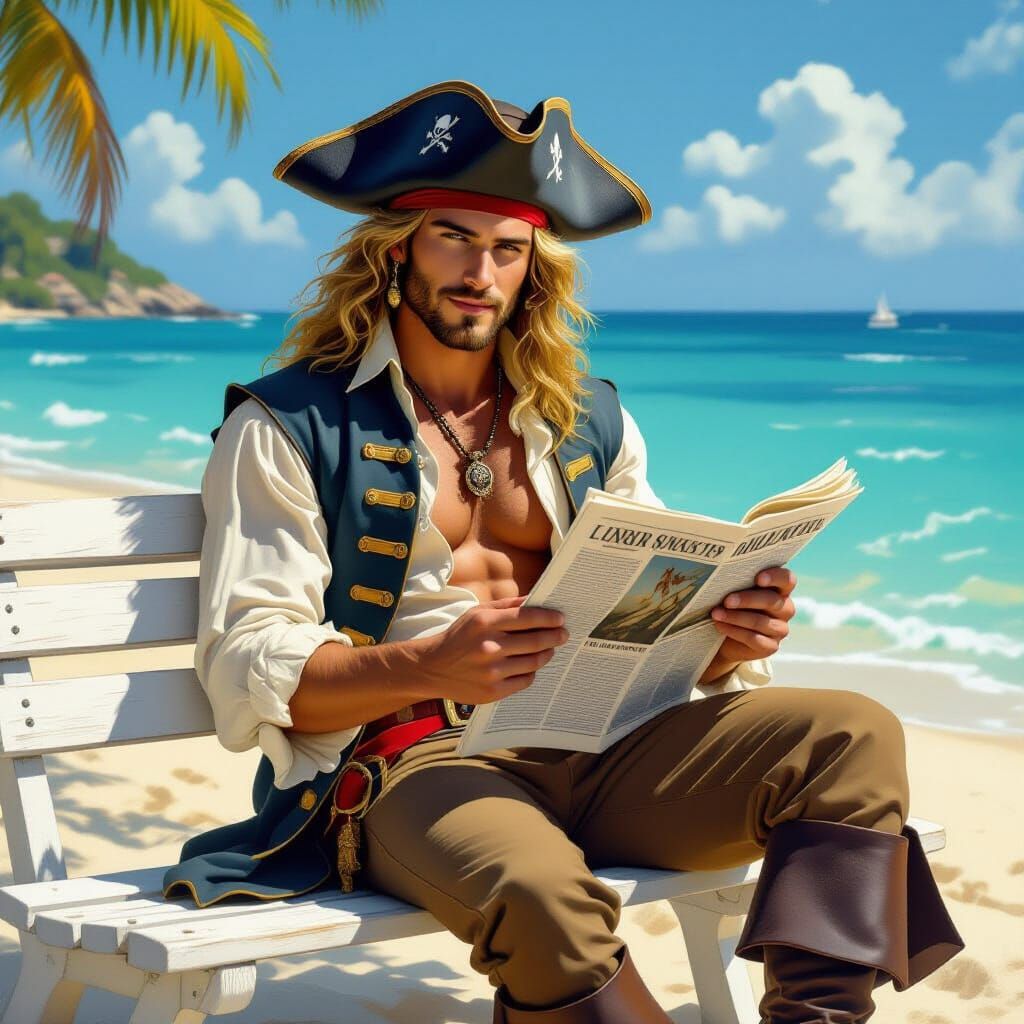 Elegant Pirate Reading News on a Caribbean Beach