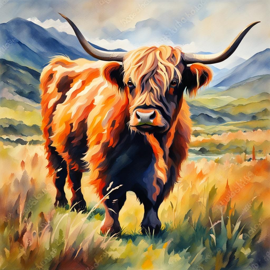 Highland Cow in Gouache Style Impressionist Painting