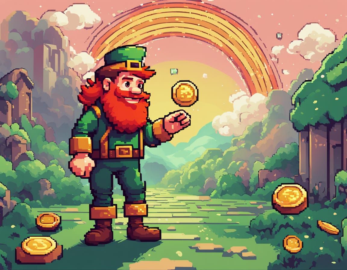 Whimsical Leprechaun Tosses Gold Coin in Vibrant 8-Bit Style