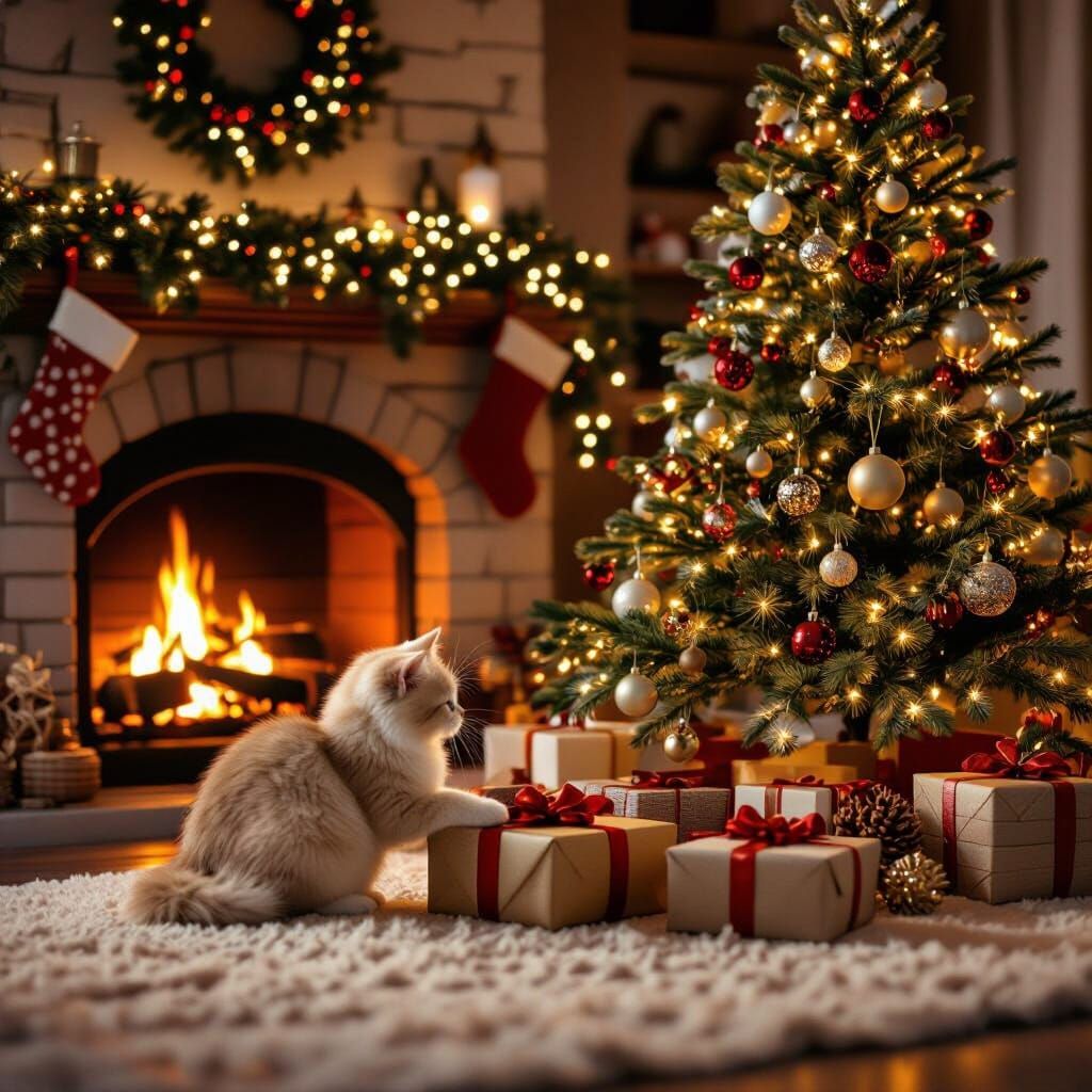 Cozy Christmas Room with Cat and Fireplace