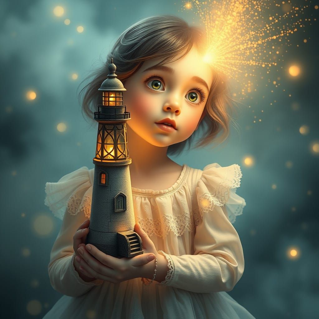 Young Girl Enthralled by Whimsical Lighthouse