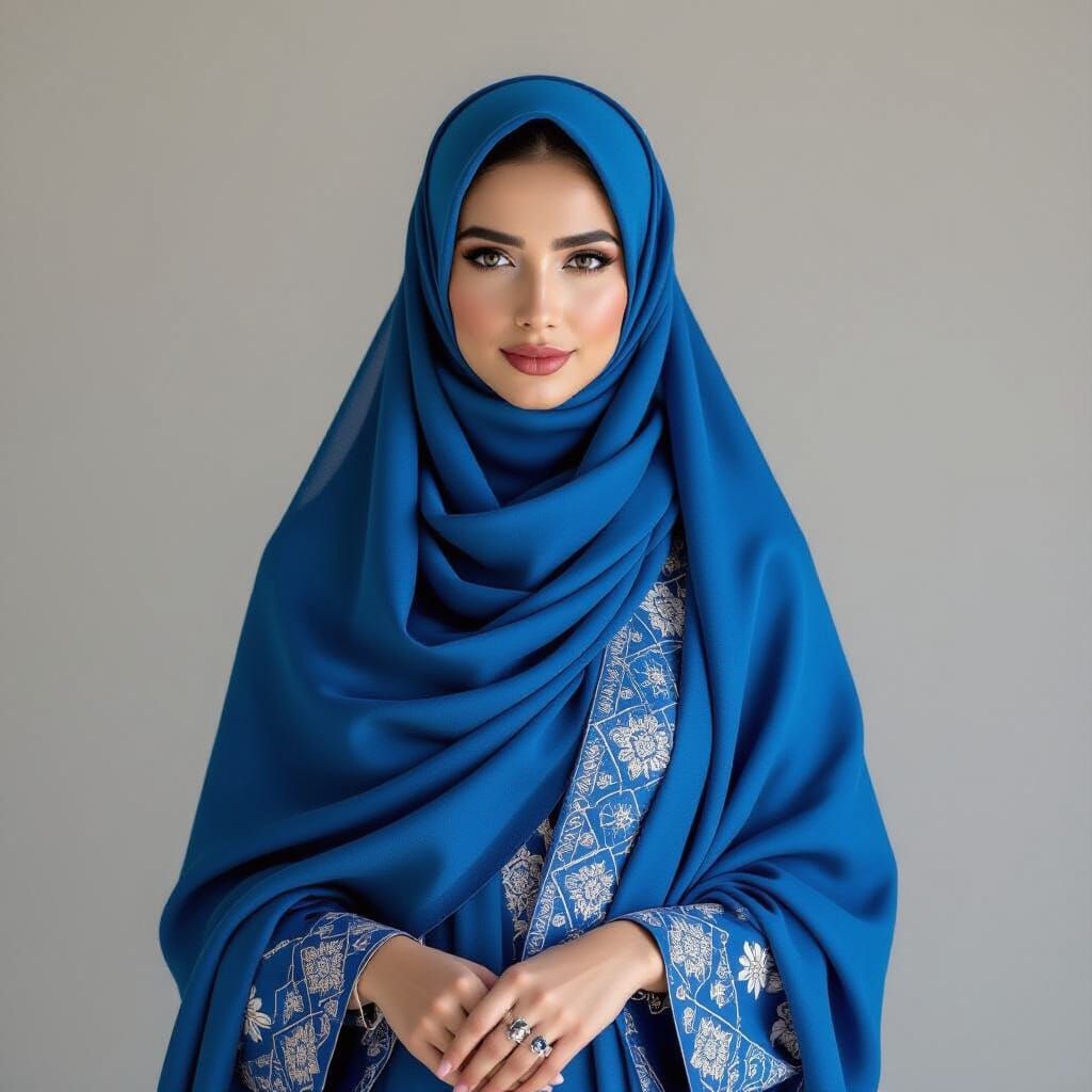 Elegant Muslim Woman in Blue Veil, Geometric Art