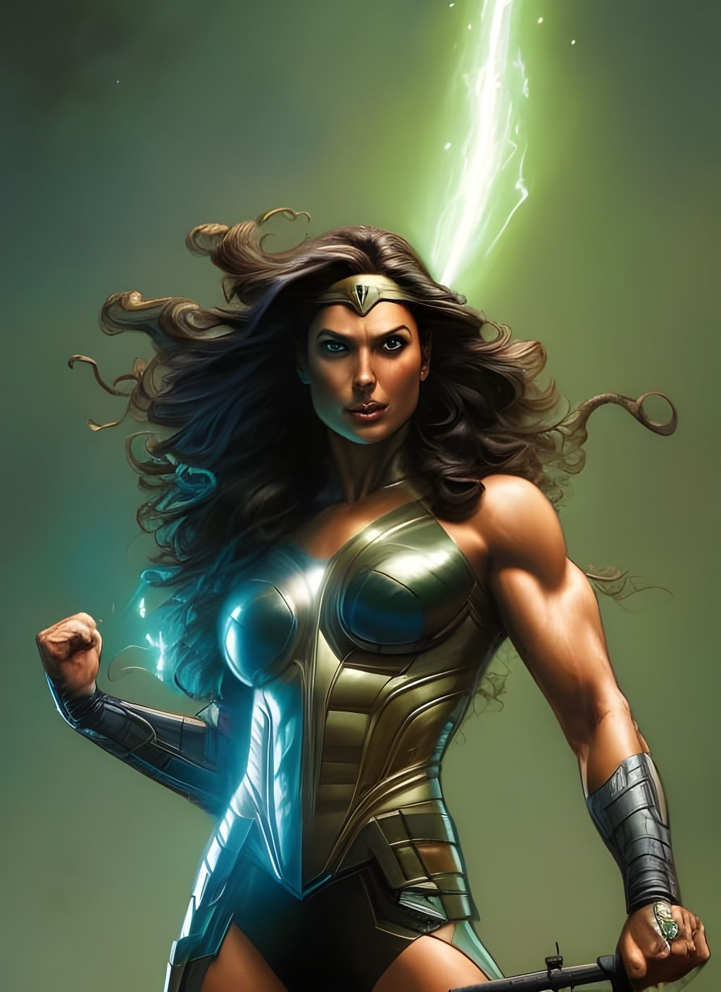 Muscular Superheroine Crayon Caricature in Comic Book Style