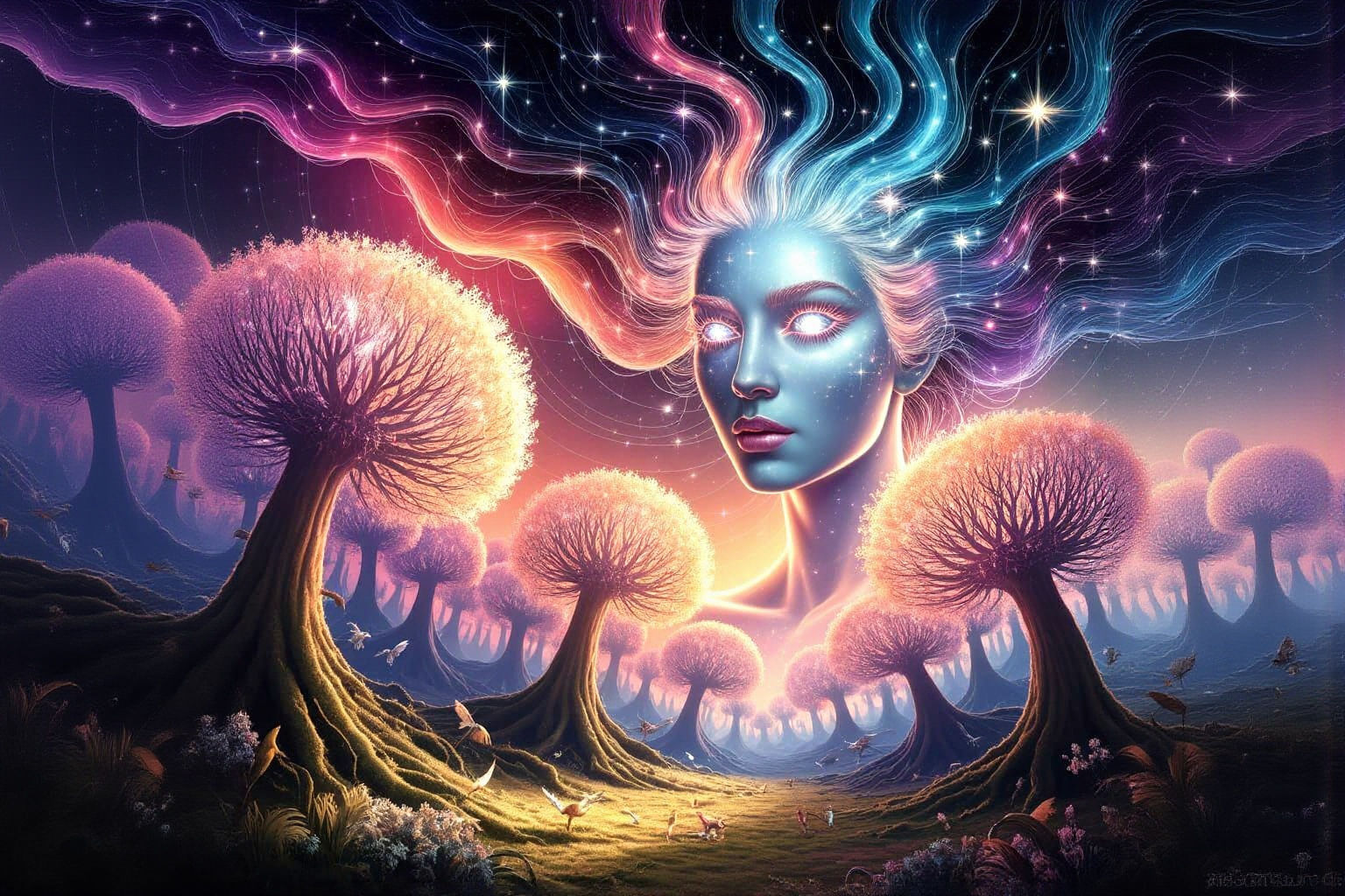 Ghostly Starlight Woman Face Above Glowing Forest