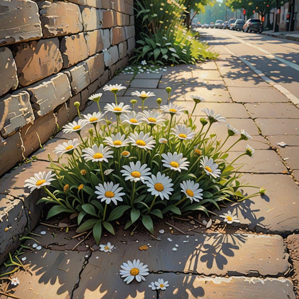 Impressionist Daisies Bloom in Urban Sidewalk Crack