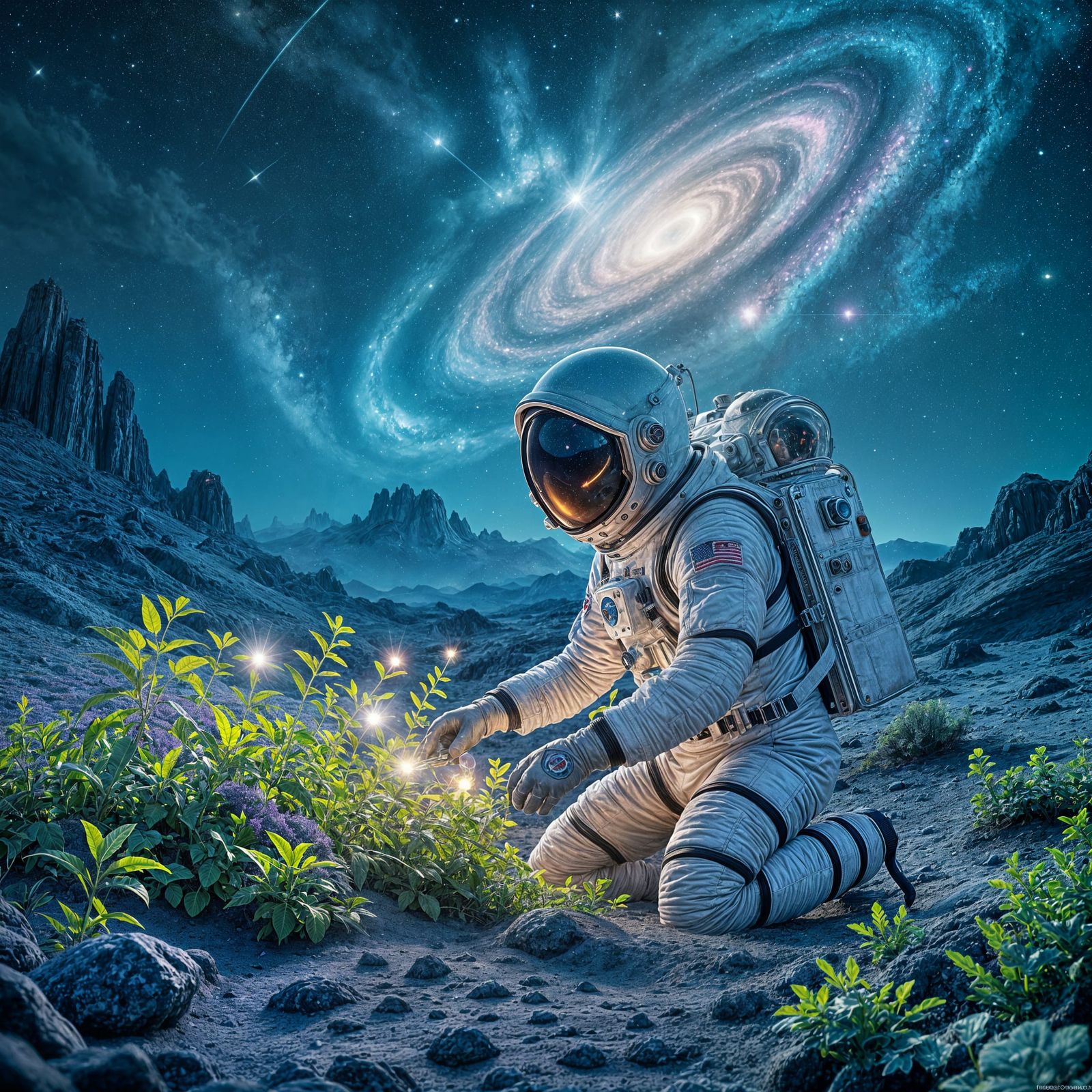 Astronaut's Bioluminescent Garden on Alien Planet