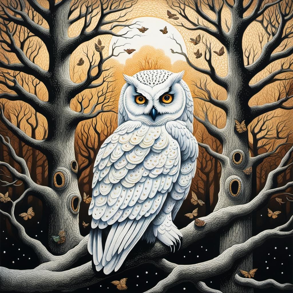 Metaphysical Silkscreen: White Owl in Openwork Tree
