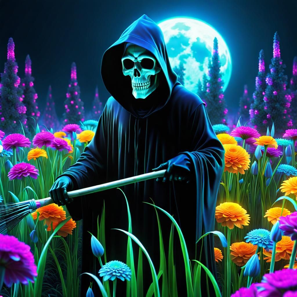 Little Grim Reaper Picking Flowers in 3D