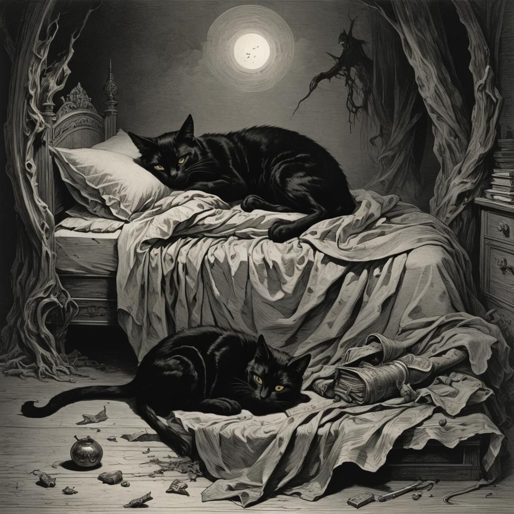 Black Cat Sleeping Next to Demon, Doré Style