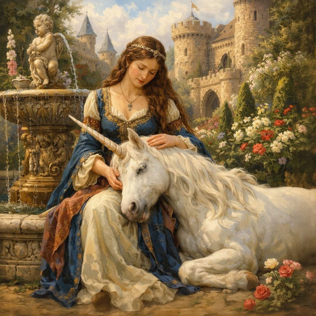 Medieval Maiden and Unicorn in Sunny Garden Painting