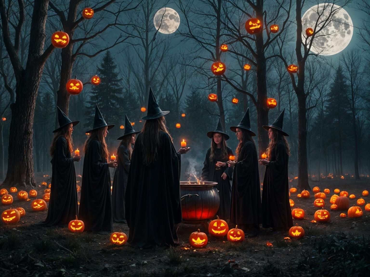 Witches Coven Gathering in Moonlit Autumn Forest