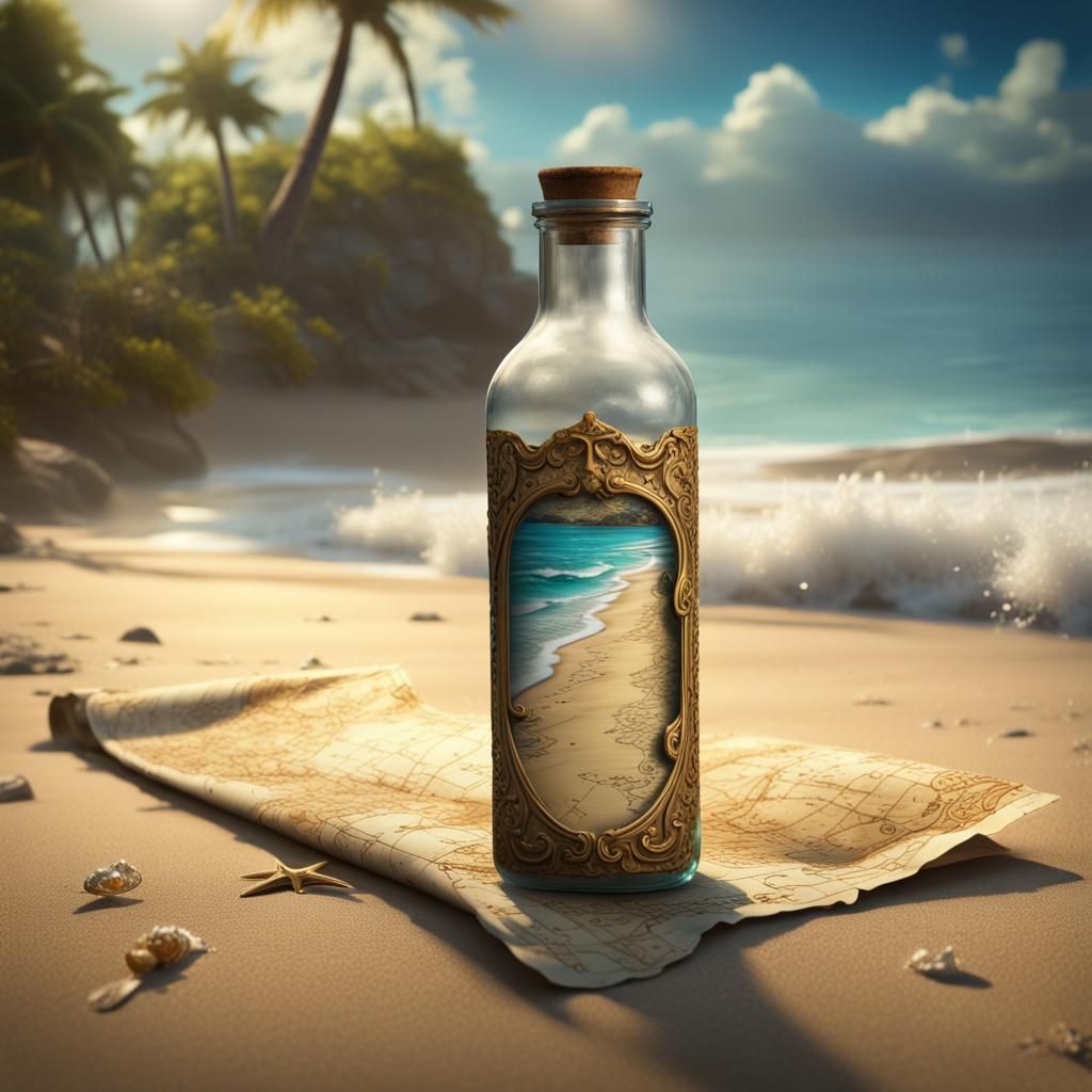Treasure Map in a Bottle on the Beach