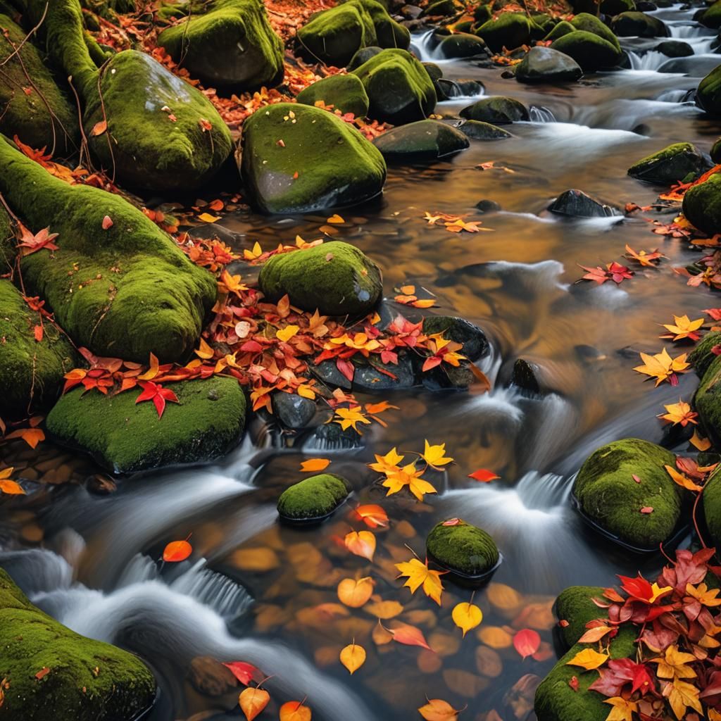Autumn Forest Stream in Macro Photography