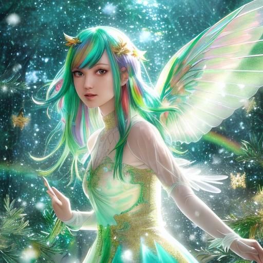 Rainbow Winged Girl in Christmas Tree Forest