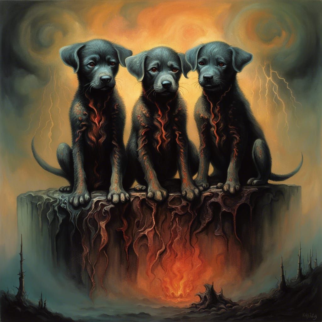 Three-Headed Puppy Guardian in a Hellscape