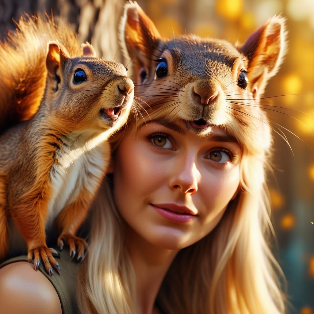 Squirrel's Mischief: Golden Hour Portrait in Oil