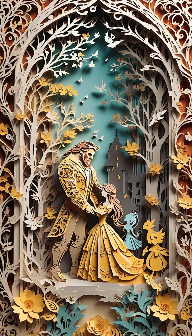 Beauty and the Beast colorful Kirigami paper-cut style, intr...