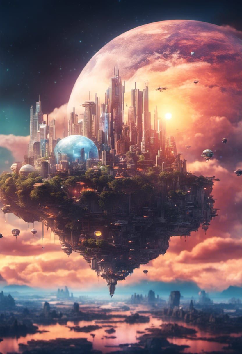Solar Punk Floating Island Cityscapes in the Sky
