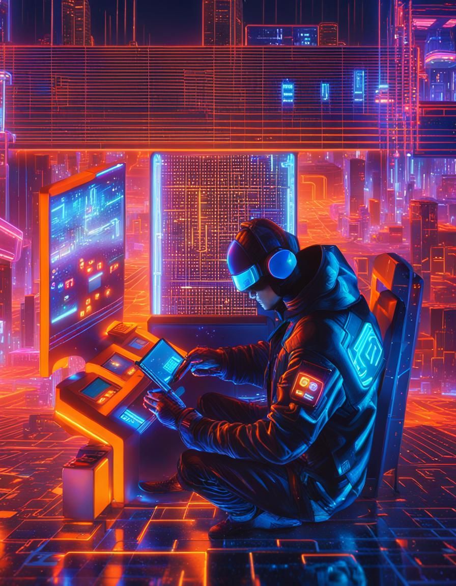Cyberpunk Hacker Hacking ATM in Neon Cityscape