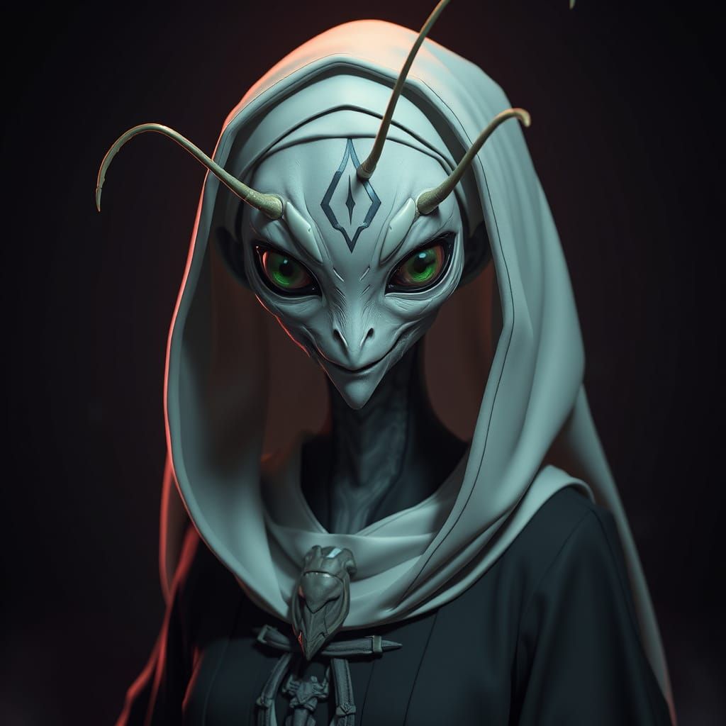 Creepy Alien Mantis Nun in 3D Anime Style