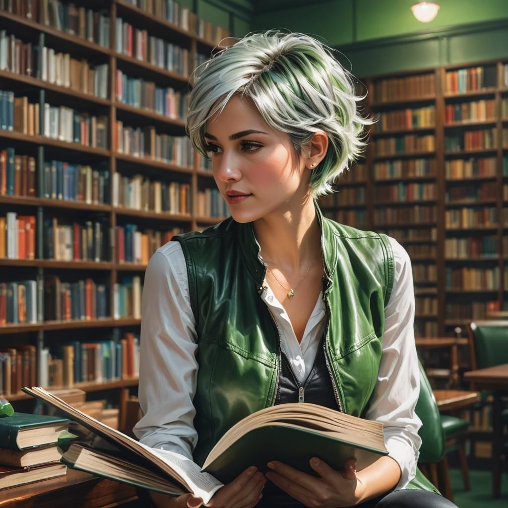 Woman Reading in Library: Hyperrealistic Concept Art