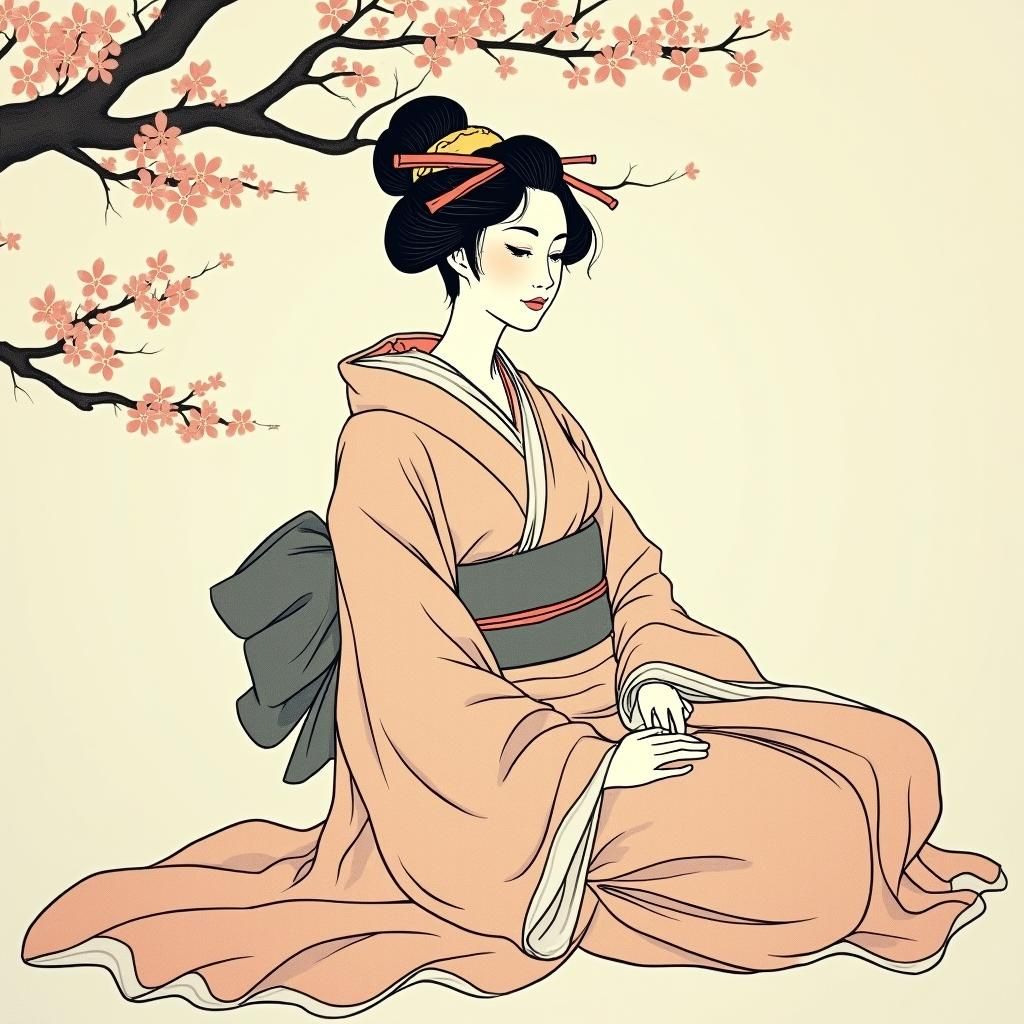 Geisha in Ukiyo-e Style with Cherry Blossoms