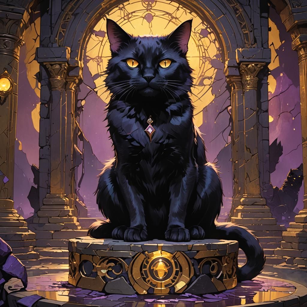 Black Cat in Ruined Temple, Fantasy Art
