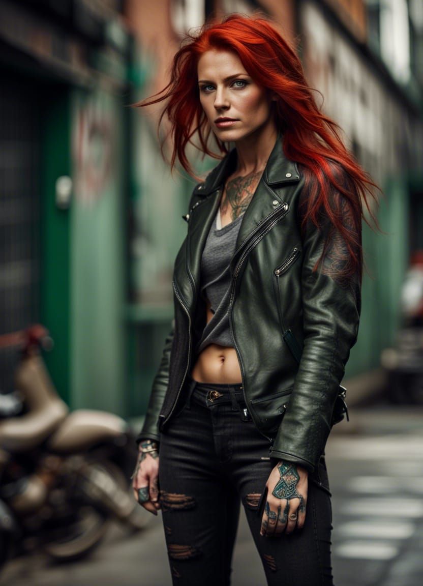Fiery Redhead Biker Woman with Tattoos
