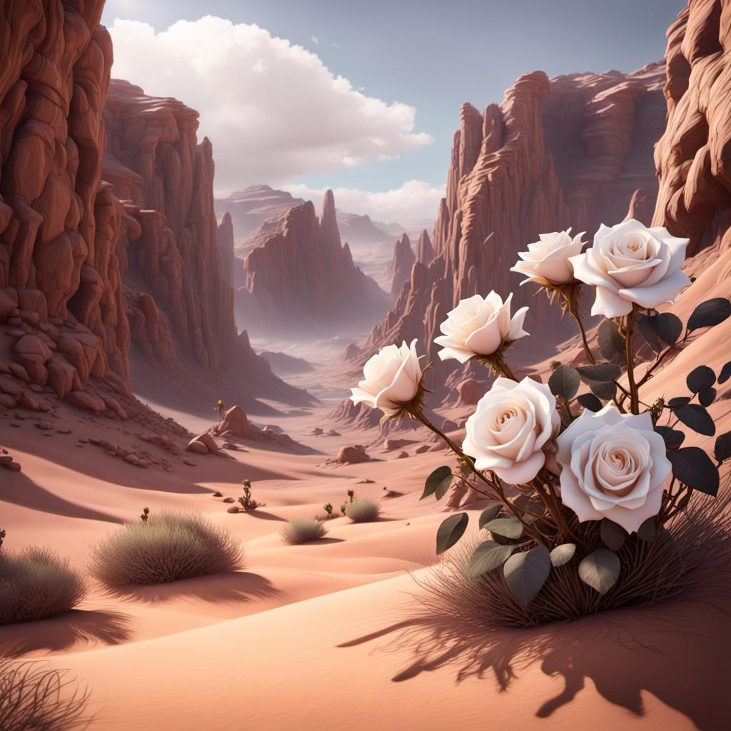 White Rose Blooms in Desert Canyon Art