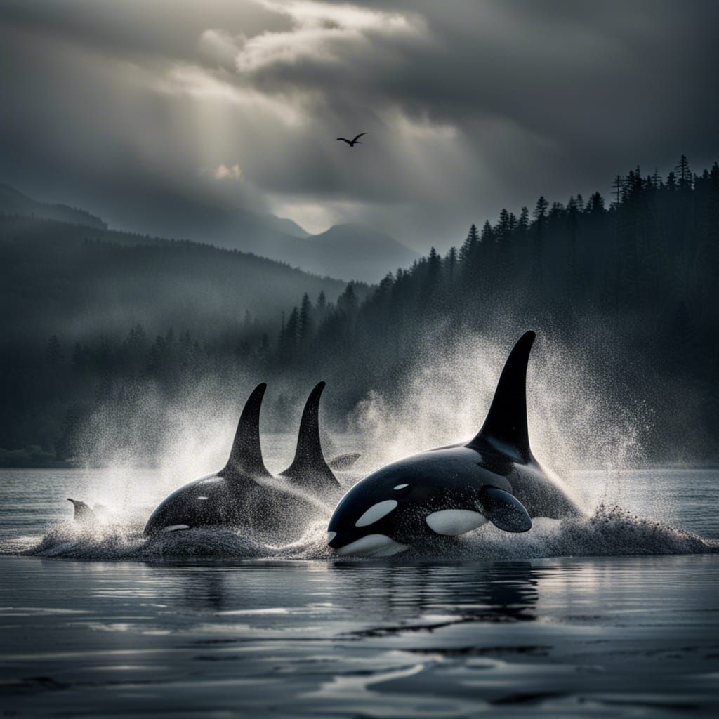 Orcas Hunting as a Team in Hyperrealistic Style