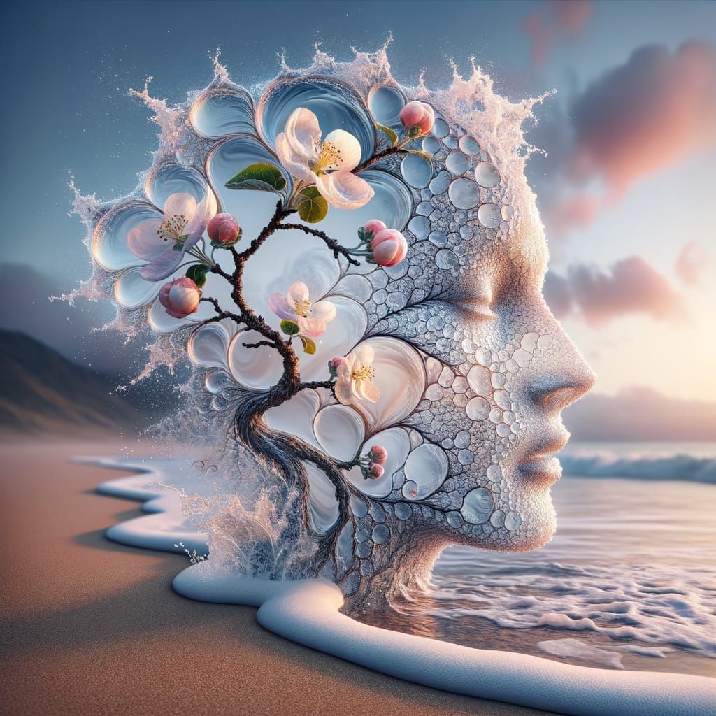 Fractal Seawater Face with Apple Blossoms at Dawn