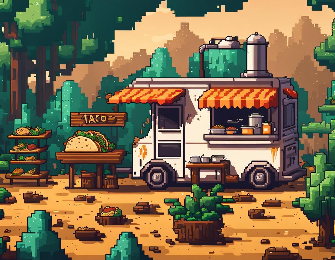 Vaporwave Taco Truck Game in Forest, Pixel Art