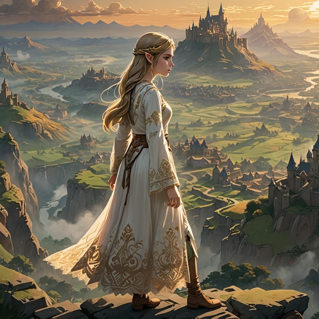 Princess Zelda Overlooking Hyrule at Sunset