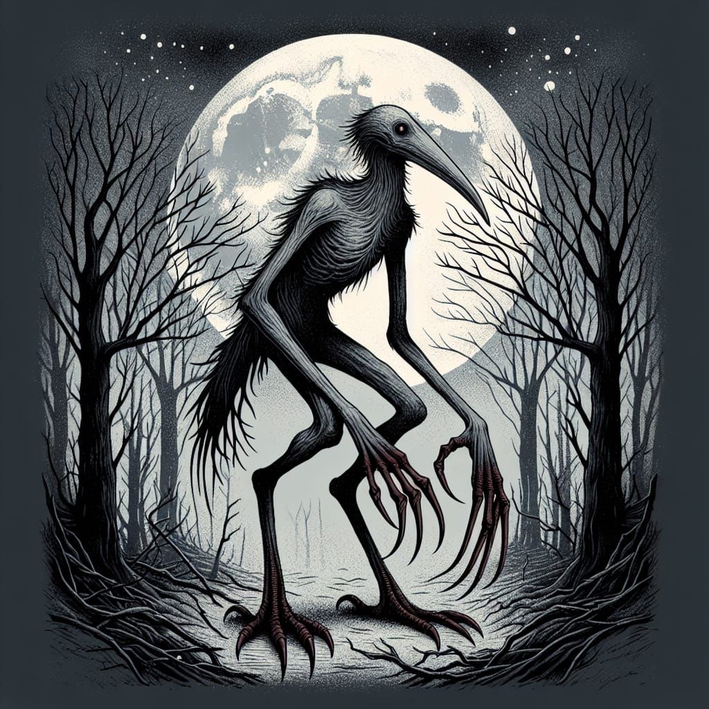 Eerie Bird-Headed Creature in Dark Forest
