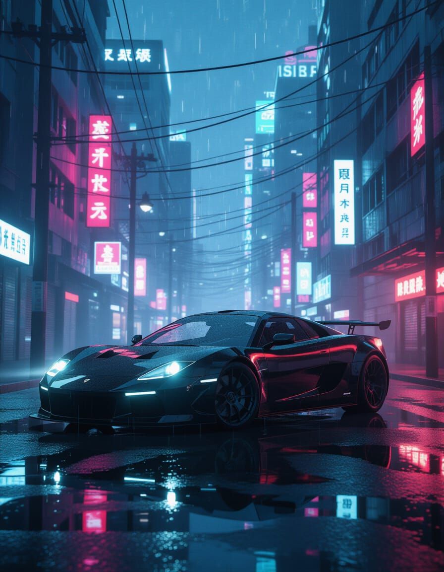 Cyberpunk Sports Car in Digital Fog on Neon Street