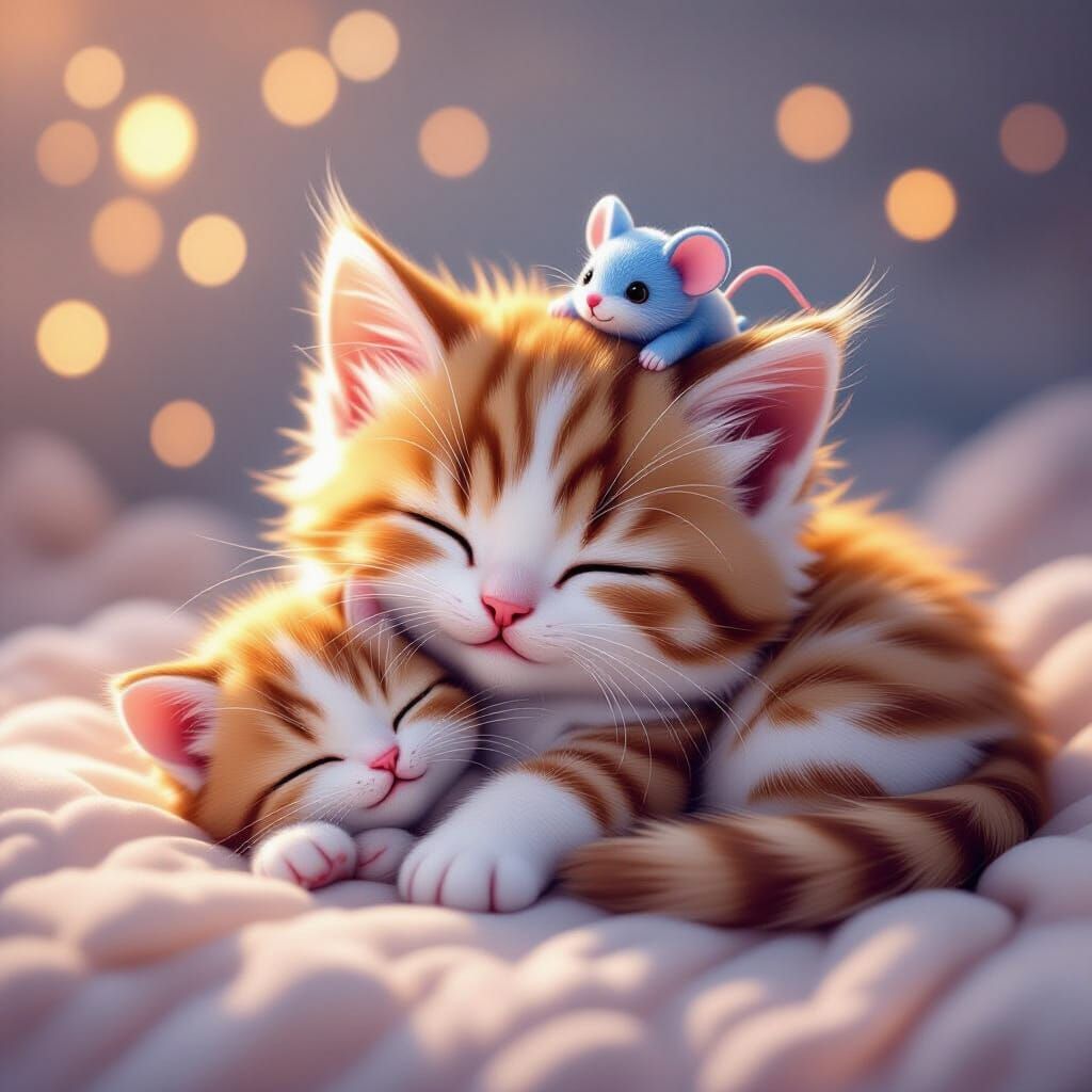 Cute Calico Kitten Sleeping with Mouse, 3D Render