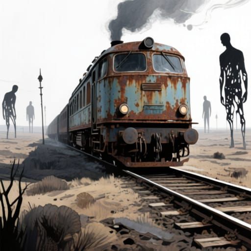 Vintage Train in Barren Landscape: Ink Painting