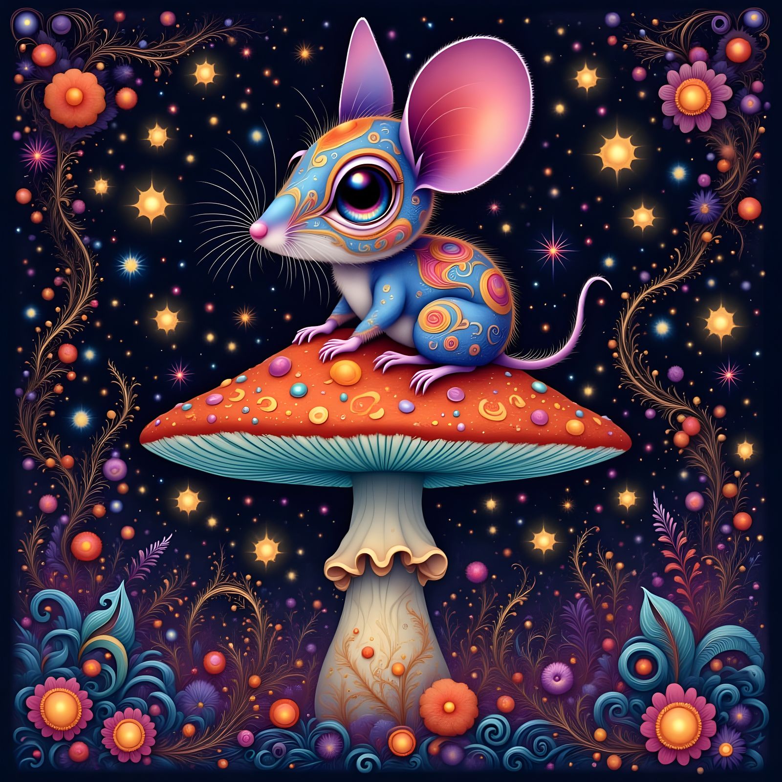 Paisley Mouse on Mushroom with Fireflies