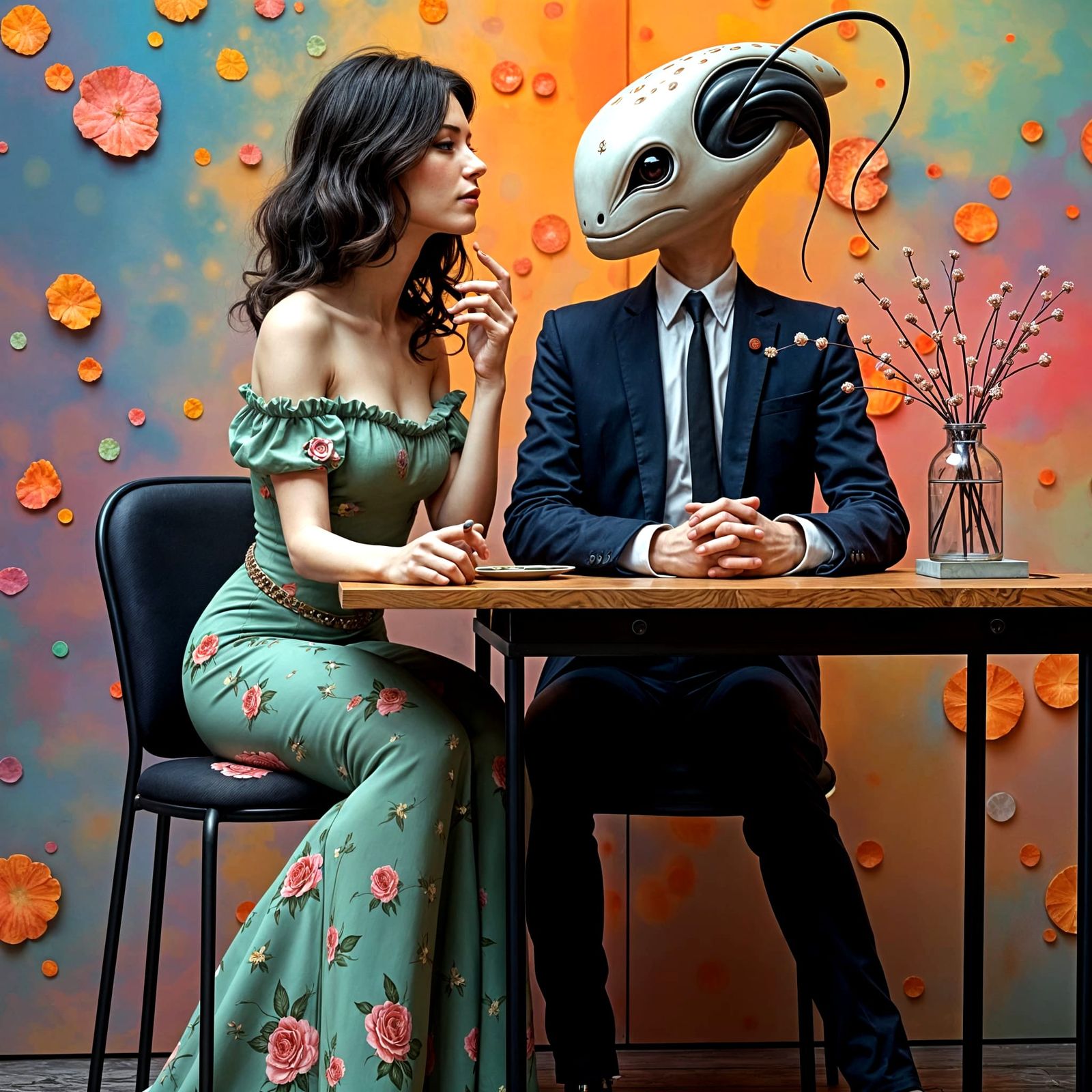 Polychromatic Alien at Table in Hyperrealistic Style