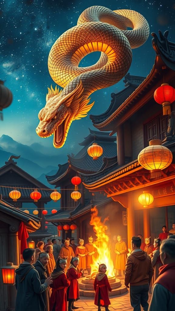 Celestial Snake Descends Amidst Vibrant Chinese Village Fest...
